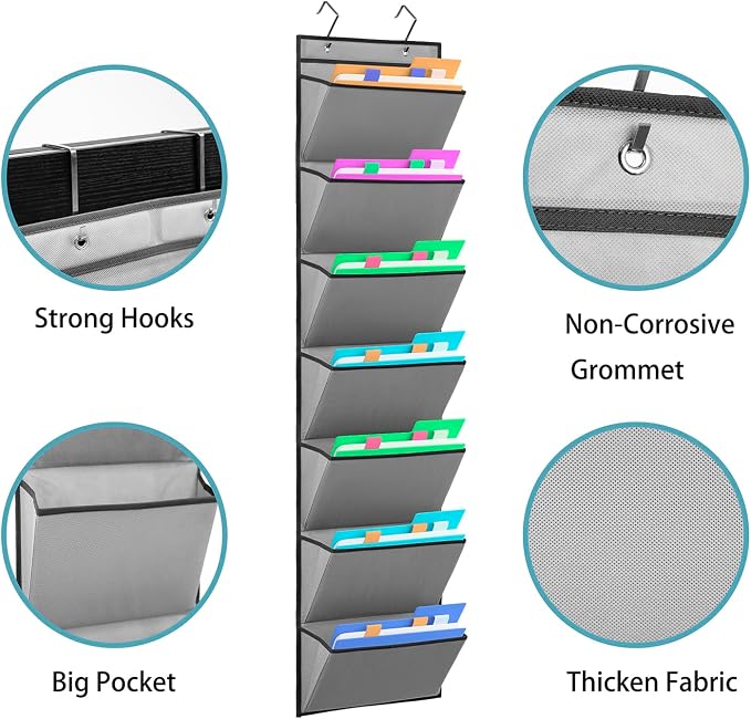 Wall Mounted File Holder Over Door Hanging Mail Organizer Document Storage Bag for Papers Magazines and Books (7 POCKETS-GREY)