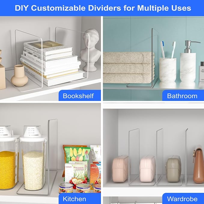 OKPOW Shelf Dividers Closet Organizer - 7.5" Tall X 11.8" Deep Acrylic Clear Sturdy Separate for Clothes Purse - Adjustable Space Saver Easy Install for Home Organization Enthusiasts 4 Pack