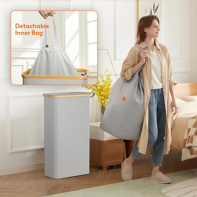 Lifewit 65L Slim Laundry Hamper with Lid, Narrow Laundry Basket with Removable Bag & Bamboo Handles, Fodable Thin Dirty Clothes Hamper for Laundry Collapsible Bin for Bathroom Bedroom Dorm,Silver Grey