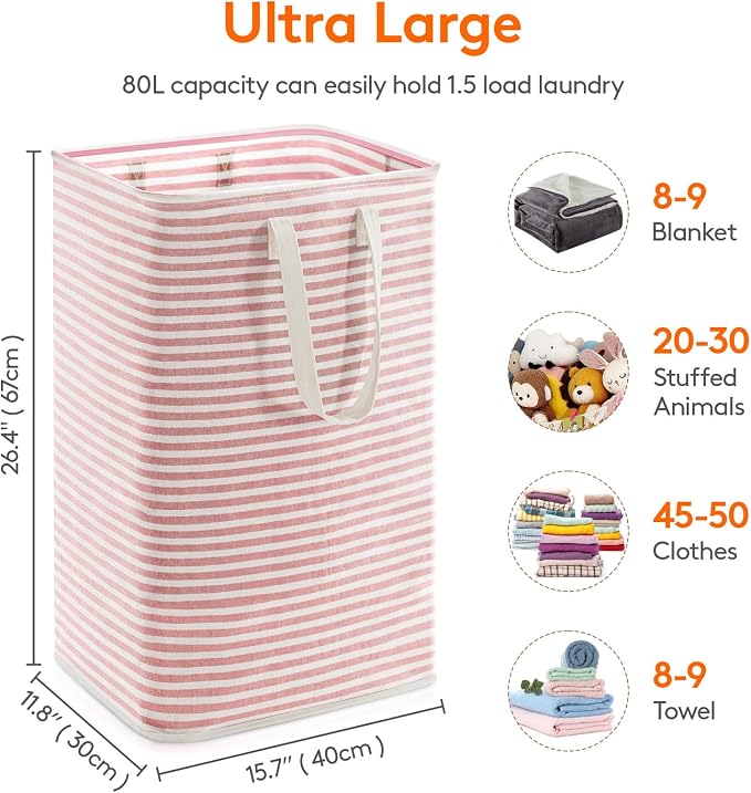 Lifewit 1 Pack Laundry Basket 80L Each, Collapsible Clothes Hamper with Reinforced Handles, Freestanding Waterproof Design for Bedroom and Laundry Room, Pink 80L Total