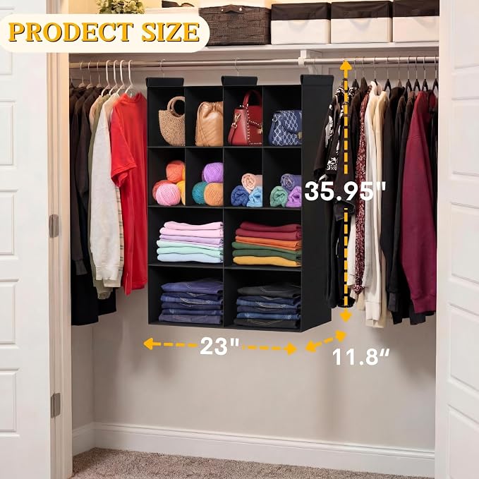Ofiray-home 4 Tier Hanging Closet Organizer, 12 Compartments Sweater Organizer for Closet with 3 Sturdy Hooks, Closet Organizers and Storage, Wardrobe, Rv, Garment Rack, Black
