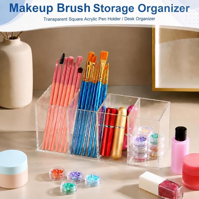 Pajean 3 Pack Clear Acrylic Pencil Holder 4 Compartments Pen Organizer for Desk Pencil Cup Makeup Brush Holder Back to School Supplies for Classroom Office Home Desk Accessories