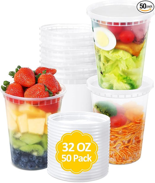 SHOPDAY Deli-Containers-with-Lids-32 Oz 50 Sets - Plastic-Food-Storage-Containers-with-Airtight-Lids, Freezer-Containers-for-Meal-Prep, Soup-Container-for-Overnight Oats, To-Go-Container