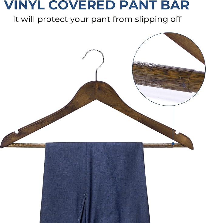 JS Hanger Wooden Coat Hangers, 20 Pack High Grade Wood Suit Hangers with Non Slip Pant Bar - Extra Smooth and Splinter Free Retro Finish Wooden Suit Hangers for Closet Organization