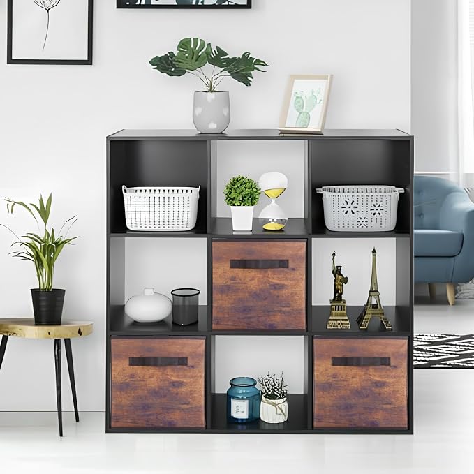 PowerKing Collapsible Storage Cubes with Handles, Fabric Foldable Bins for Closet Shelves, Durable Organization Storage Bins, 10.5'' x 11'' x 10.5'' (2Pack, Vintage Wood Grain)