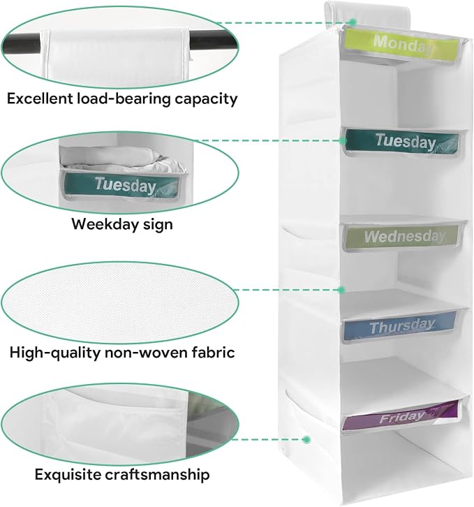 5 Shelf Weekly Hanging Closet Organizer Monday Through Friday Clothes White | Days of The Week Hanging Storage Shelves Foldable, Daily Close Organizer for Kids with 6 Side Pockets