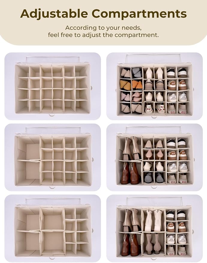 StorageWorks Shoe Organizer for Closet, Fits up to 24 Pairs, Shoe Cubby Storage Containers with Adjustable Dividers and Clear Cover, Khaki and Beige Stripes