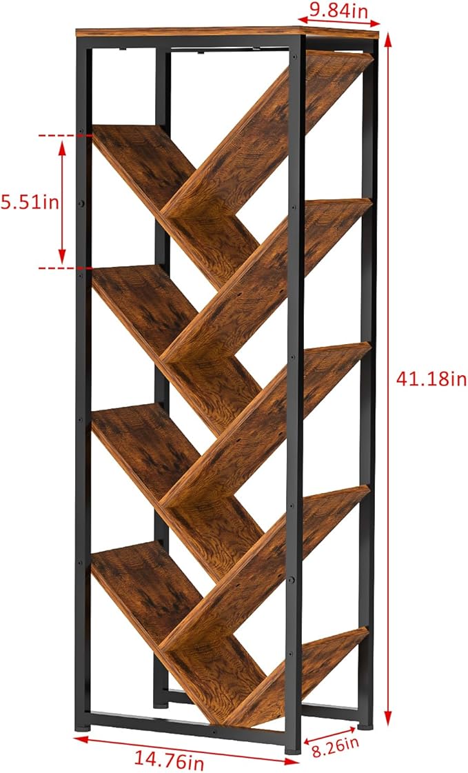 Cutogxon Tree Bookshelf - 9 Tier Floor Standing Tree Book Storage Organizer with Adjustable Feet for Hardcover Books, Vintage Living Room