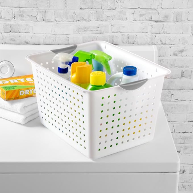 Sterilite 6-Pack Deep Ultra Basket, Open Top Plastic Storage Organizer, White - Large Containers for Organizing Pantry Shelves, Kitchen Cabinets, Laundry Areas, Dorm Rooms, and Classrooms