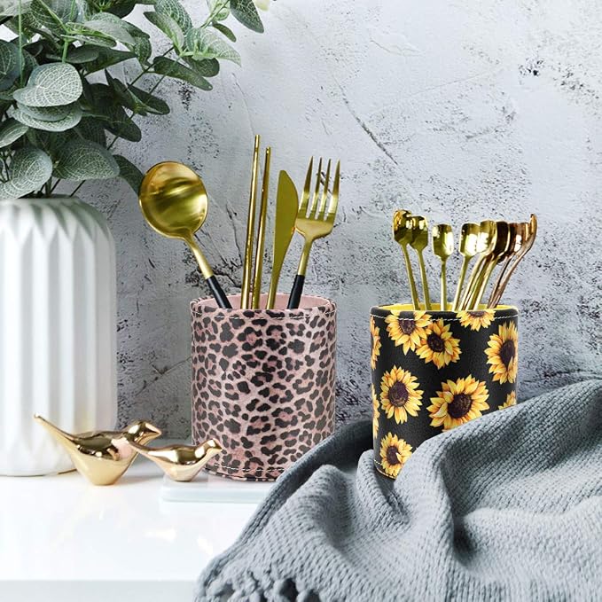 Pen Holder for Women Girls Desk Decor Pencil Cup for Decoration Durable Leather Desk Organizer Makeup Brush Holder, Classic Leopard