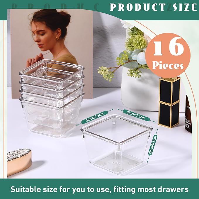 Tioncy 16 Pcs Stackable Clear Drawer Organizer Set 3" x 3" x 2" Small Makeup Vanity Storage Bins Office Desk Drawer Dividers Container Organization for Makeup Vanity Office Bathroom Kitchen Utensil
