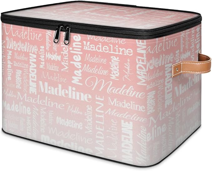 Custom Storage Basket with Name, Personalized Keepsake Box with Zipper Lid, Foldable Fabric Memory Bin Large capacity with Handle Pink White