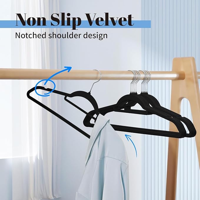 Smartor Black Velvet Hangers 120 Pack, Non-Slip Clothes Hanger with Tie Bar | Premium Slim Space Saving Felt Hanger for Closet Organizers and Storage, Heavy Duty Hanger with Shoulder Notches for Coats