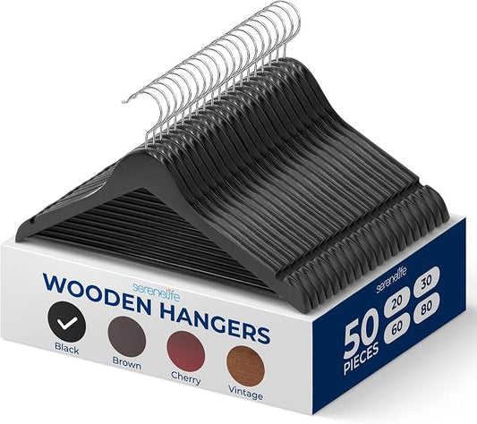 SereneLife Wooden Hanger Set - 50 Pieces - Durable & Slim Coat Hanger - Non-Slip Versatile Closet Space-Saving Hanger Set for Suit, Coat, Camisole, Jacket, Pants, Dresses with 360° Swivel Hook - Black