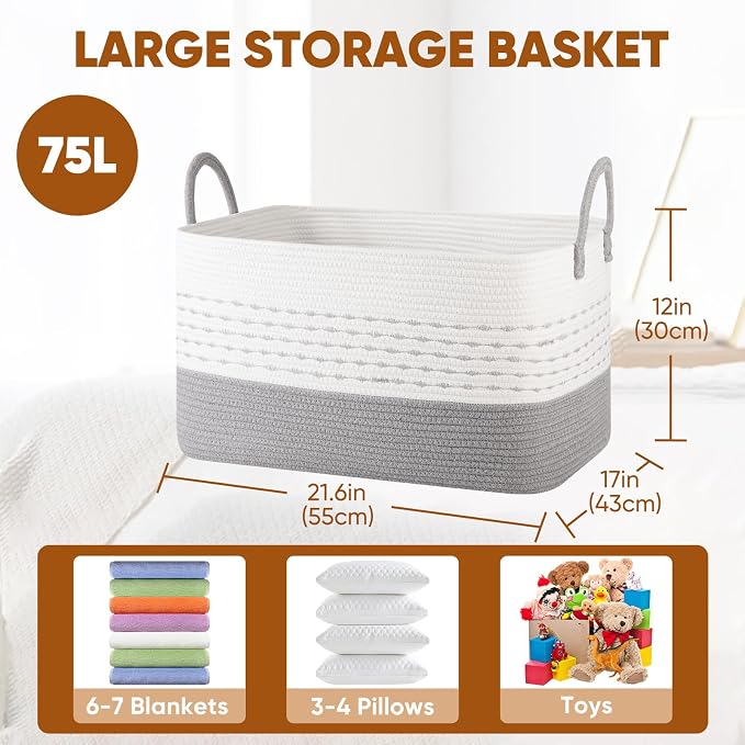 OIASKET 75L Large Cotton Rope Storage Basket, Soft Decorative Blanket Basket for Living Room & Bedroom, Boho Laundry Hamper with Handles Capable of Holding Pillows, Clothes and Toys-Grey & White