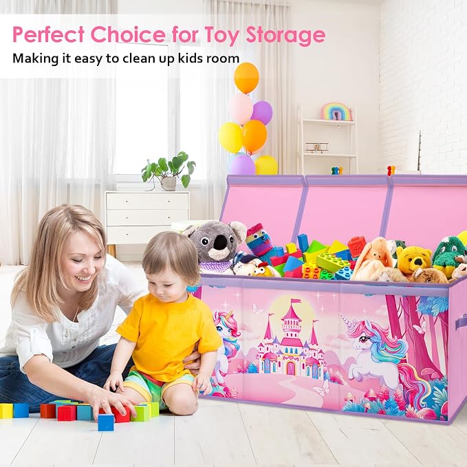 Large Toy Box Chest Organizer with Flip Lid for Kids, Collapsible Oxford Toy Storage Box with Handles for Boys Girls, Sturdy Waterproof Storage Organizer for Bedroom Playroom Nursery, 37.7×12.5×15.7''