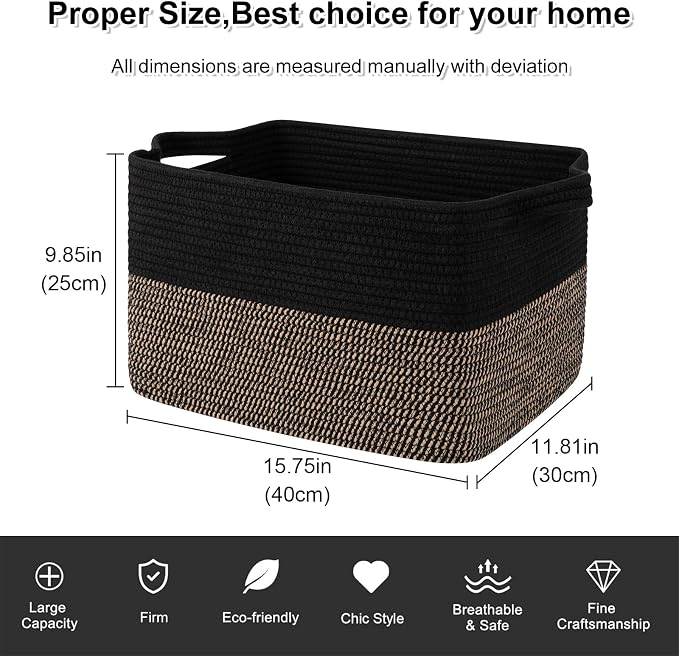 OIAHOMY Woven Storage Basket for Shelves, Rectangle Cotton Rope Baskets for Organizing, 16 x 12 x 10 in, Storage Bins for Dog Toys,Towel,Books,Gift,Black and Brown