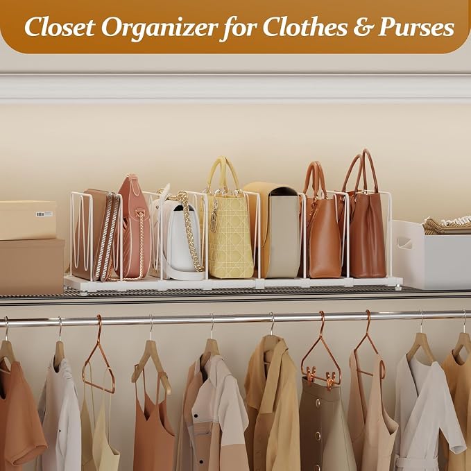 Dmevkic Extendable Purse Organizers Purse Storage. Length 15-27inch. Bag Organizer Purse Holder for Closet with 8 Adjustable Shelf Dividers（White）