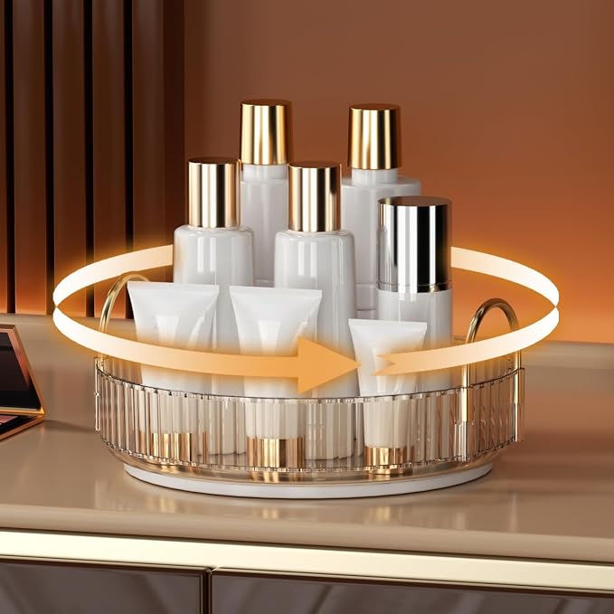 YCIA&DONE 360 Rotating Makeup Organizer and Storage for Vanity Countertop 1 Tier, High Capacity Cosmetic Skincare Perfume Organizers for Dresser Bathroom Fridge Lazy Susan (Amber Gold)