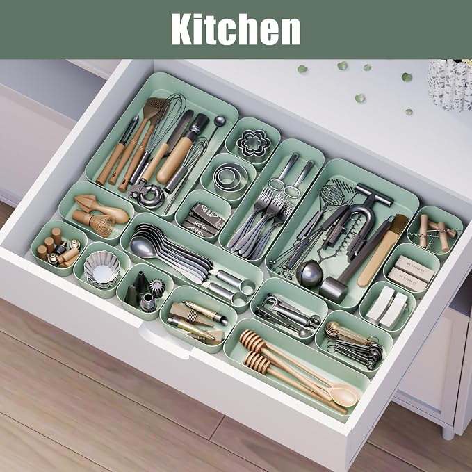 Drawer Organizers Bins 18 PCS for Bathroom Makeup Desk Office | with Non-slip Pads, 4 Sizes, Plastic Tray, Vanity Organizer, Kitchen Utensils Organizer