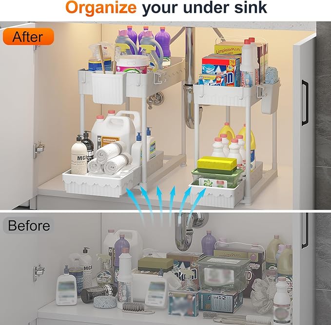 Sevenblue 4-Pack 2-Tier Under Sink Organizer with Pull Out Drawers | Multi-use kitchen & bathroom storage. Includes hanging hooks and cups. White, space-saving cabinet design. 14.8 Inch