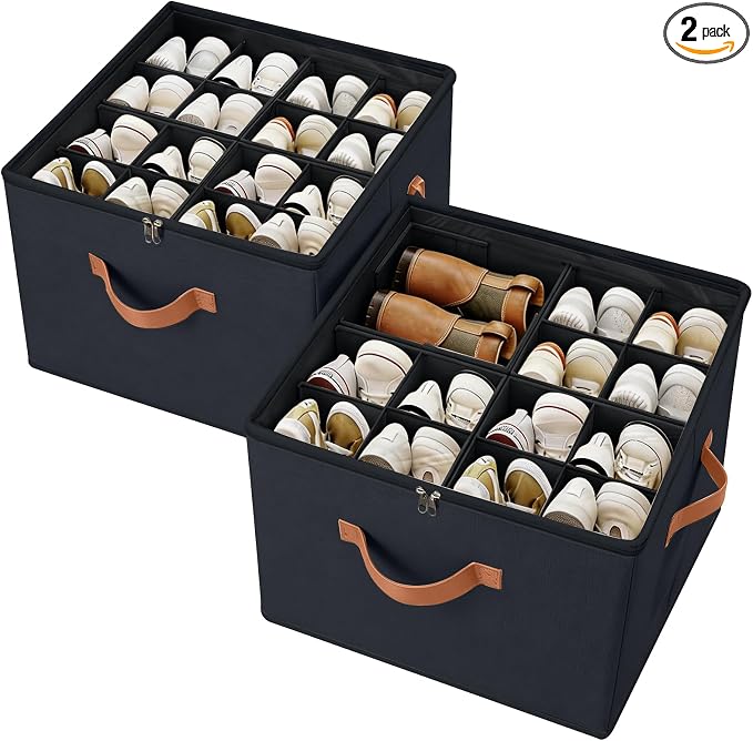𝐌𝐄𝐂𝐈𝐍𝐅𝐔𝐋 Fabric Shoe Organizer for Closet, 2 Pack Shoe Storage Organizer with Clear PVC Cover and Adjustable Dividers, Fits 16-32 Pairs – Shoe Organizer Box Foldable & Dustproof