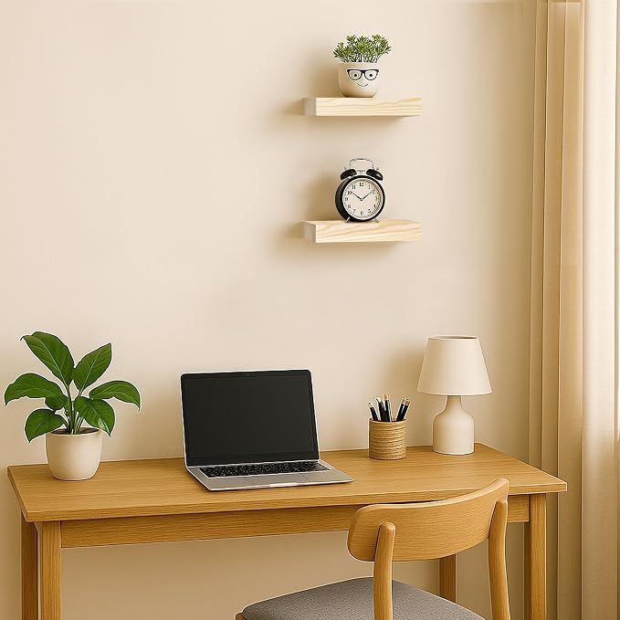 BGMG Small Wood Floating Shelves, 8 inch, Unfinished, Set of 2 | Rustic Wooden, Wall Mount, 8x 6.7 x1.25 inch, For Bathroom Living Room Bedroom Kitchen Farmhouse, DIY