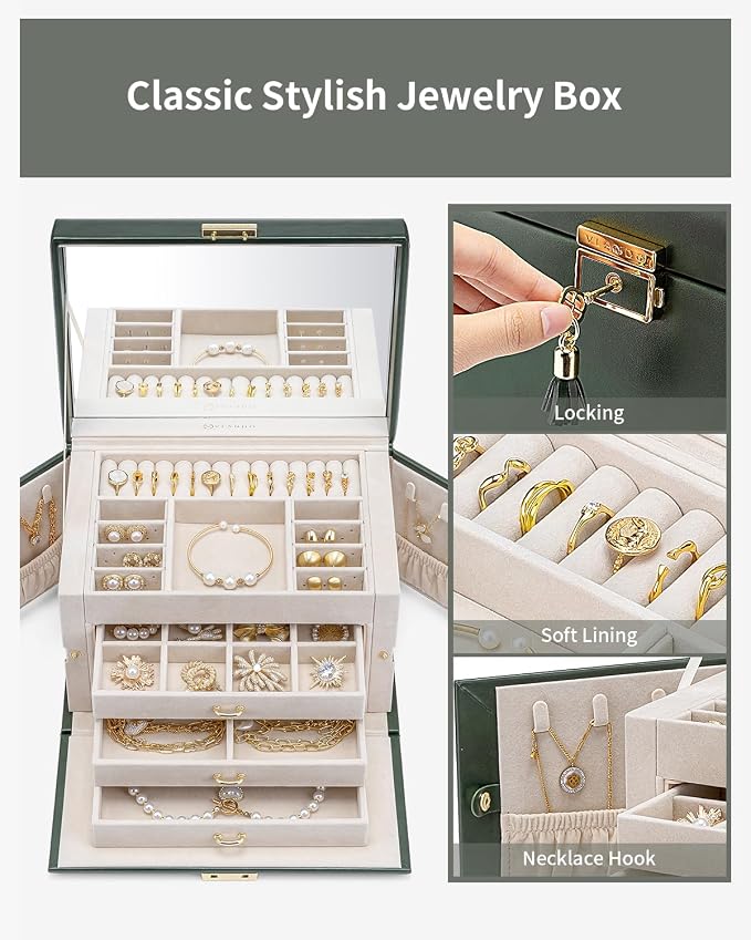 VLANDO Jewelry Box for Girls, 4-Tier Jewelry Organizer with Lock, Mirror Jewelry Box for Earring, Ring, Necklace and Bracelets - Green