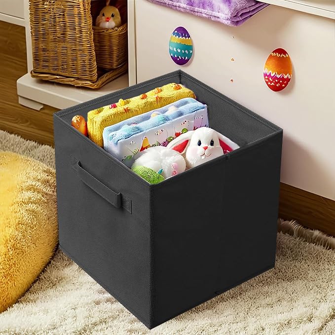 PowerKing Collapsible Storage Cubes with Handles, Fabric Foldable Bins for Closet Shelves, Durable Organization Storage Bins, 10.5'' x 11'' x 10.5'' (Black, 2Pack)