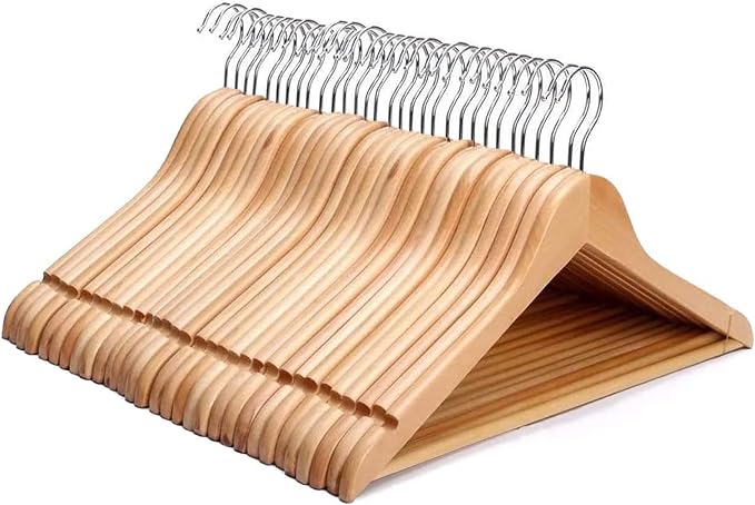 KEPLIN Strong Walnut Wood Wooden Coat Hangers with 360 Degree Rotatory Hook & Round Trouser Bar & Shoulder Notches - Durable Wardrobe Space Saver - Suitable for Coat, Jacket, Suit, Jumper (30 Pack)
