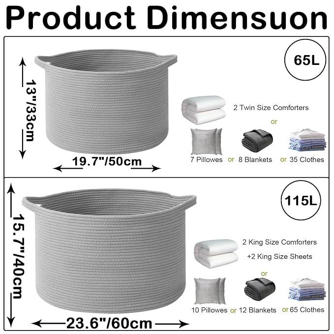 115L Extra Large Blanket Basket,Woven Rope Laundry Basket Hamper with Handles, Decorative Nursery Basket Storage Bin for Toys, Clothes Organizer, Living Room, Bedroom, Bathroom, Light Grey