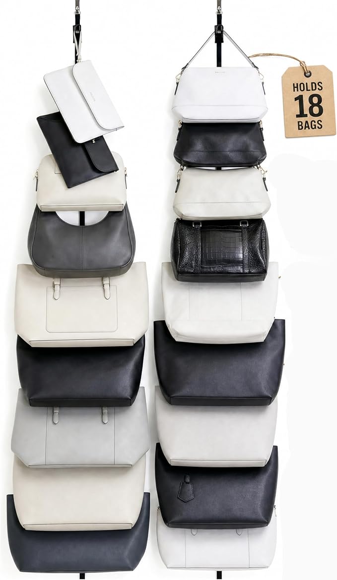 Perfect Curve Handbag and Purse Organizer, Black | Hold up to 18 Bags, Over The Door, Adjustable Clips, 2 Straps