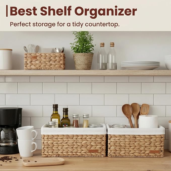 Water Hyacinth Wicker Baskets for Storage, Handwoven Rattan Shelf Basket for Organizing Pantry Closet Bedroom, 100% Natural Decorative Woven Organizer with Handles and Waterproof Canvas, 6 Pack