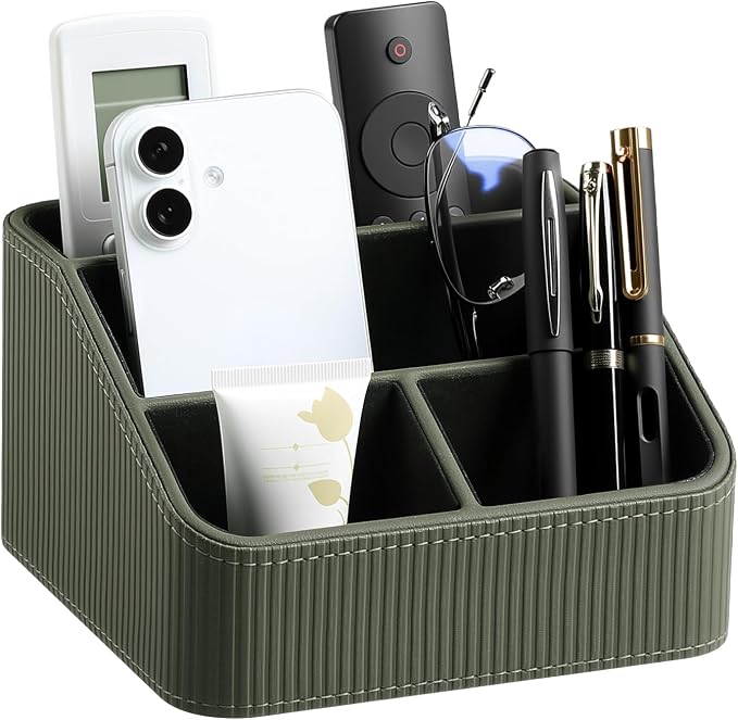 Remote Control Holder with 4 Compartments, PU Leather Small Nightstand Organizer for Home Desk Accessories Office Supplies, Multifunctional Stylish Small Bedside Desktop Organizers (Green)
