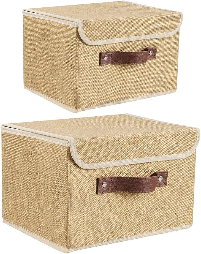 2Pack Storage Bins Boxes with Lids 15"x10"x10" Decorative Storage Baskets | Cotton Linen Fabric, Collapsible, Faux Leather Handles, Storage Cubes, Closet Shelf Clothes Organizer Container, Khaki