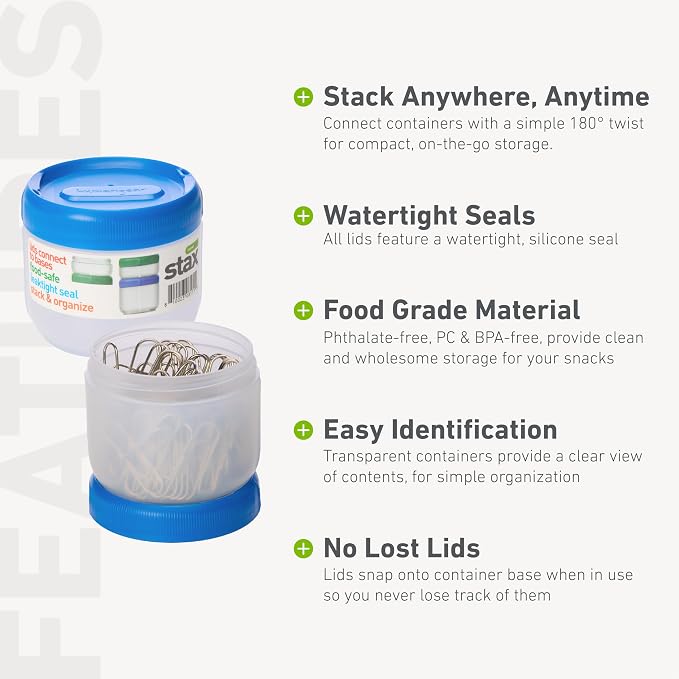 humangear STAX, Stackable Snack Containers - Leak-Proof Snack Travel System - FDA-Food Safe, BPA/PC/Phthalate-Free - Stackable & Click-Together Food Storage, Medium Mid 12-Pack, Clear/Blue