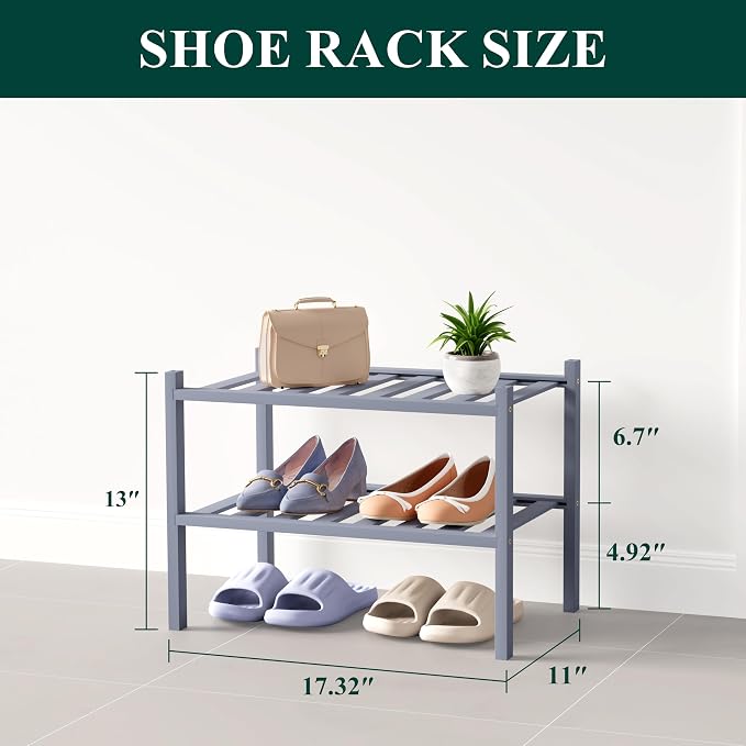 Smiry Bamboo Shoe Rack for Closet, 2 Tier Small Wooden Shoe Organizer, Stackable Wood Shoe Storage Shelf for Entryway, 14 Vertical Slats, One-piece Heavy-Duty Legs, 17.32"x11.02"x12.99", Grey