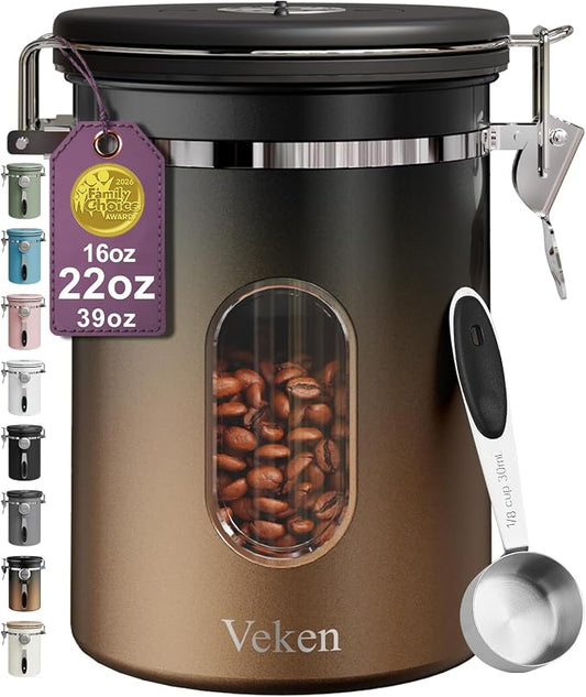Veken Coffee Canister with Window,Airtight Stainless Steel Kitchen Food Storage Container, Date Tracker & Scoop for Grounds Coffee, Beans, Tea,Flour,Cereal,Sugar,22OZ,Copper