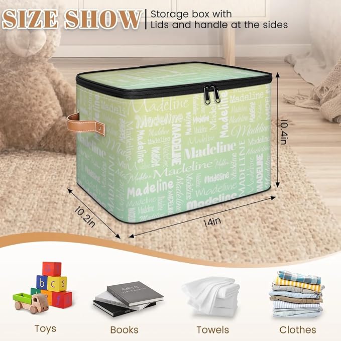 Custom Storage Basket with Name, Personalized Keepsake Box with Zipper Lid, Foldable Fabric Memory Bin Large capacity with Handle Yellow Green
