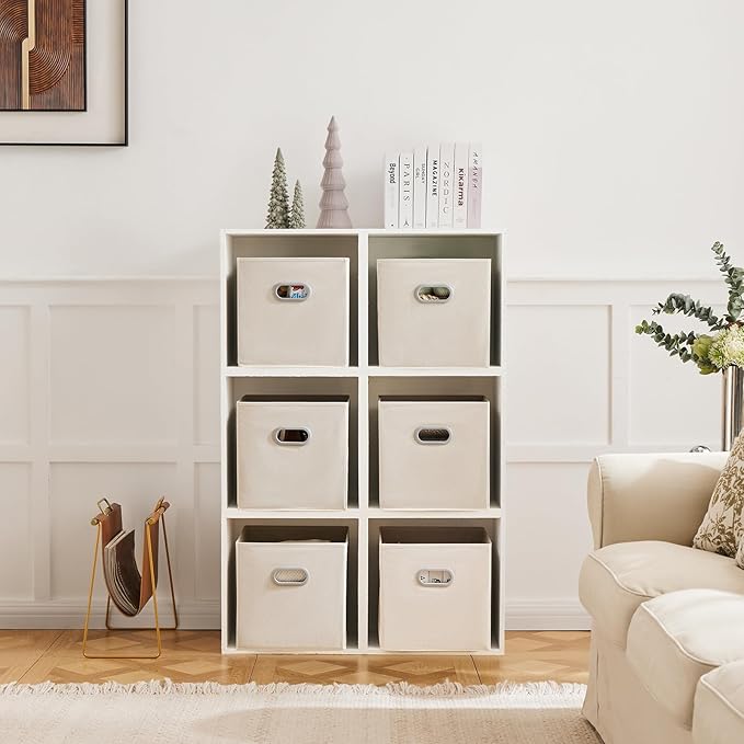 MAX Houser 6 Pack Foldable Fabric Storage Bins with Handles - Ideal for Closet Organization, Bedroom （Beige,12"x12"x12"）