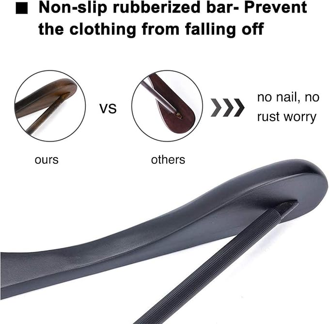 JS Hanger Wooden Suit Hangers, 6 Pack Extra-Wide Shoulder Wood Coat Hangers with Non Slip Pant Bar, Extra Smooth and Splinter Free Black Finish