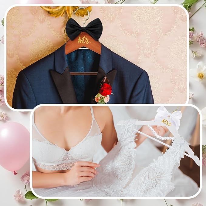 Beeveer 2 Pcs Bride Hanger for Wedding Dress Bride and Groom Wooden Wedding Dress Hanger Set with Bow Tie for Tuxedo Suit Gift Bridal Party Shower