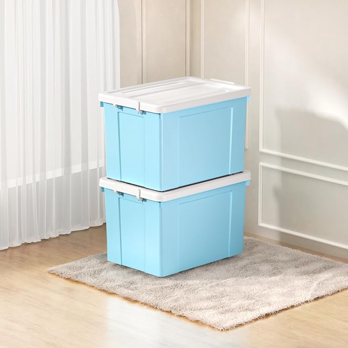 Cetomo Lidded Storage Bin with Handle, Tote Organizing Container with Wheels, Lid and Secure Latching Buckles, Stackable and Nestable, Plastic, 95 Quart-4 Pack, Blue