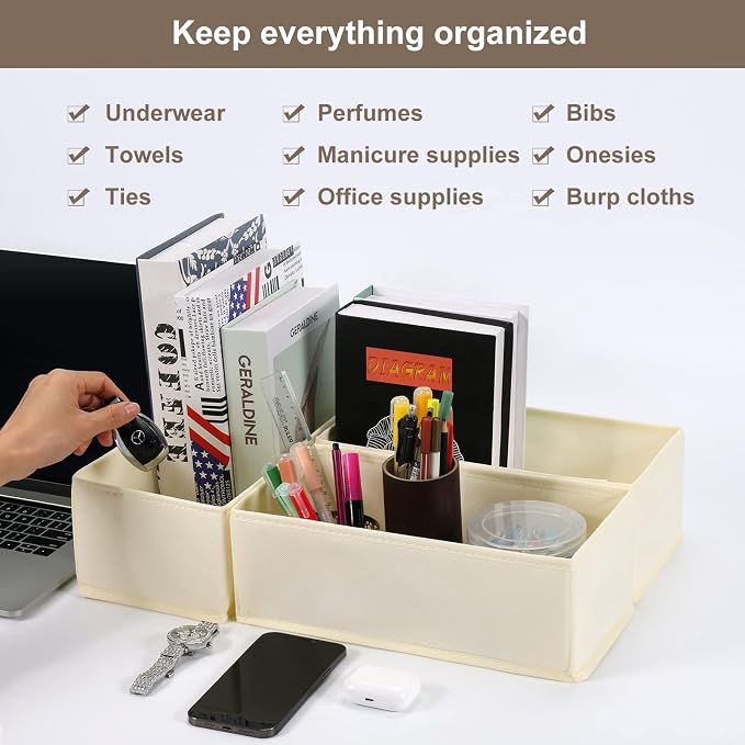 6 Pack Dresser Organizers - Drawer Organizers for Clothing & Baby, Woven-Fabric Storage Drawers (Beige