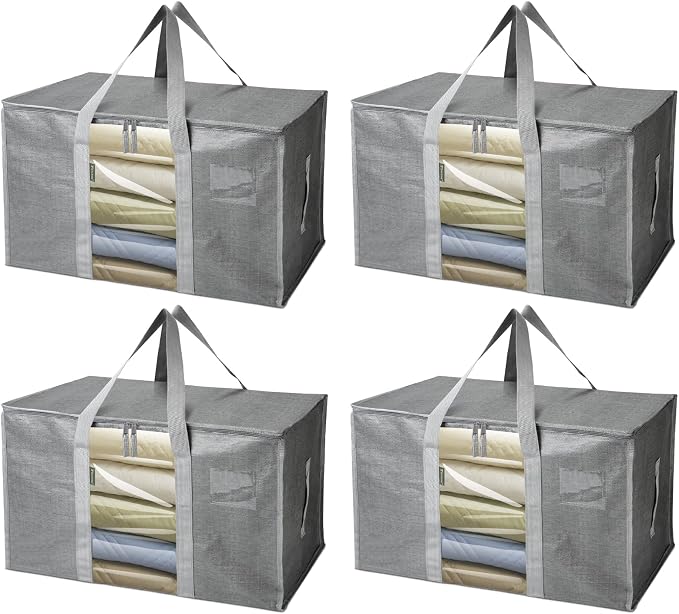 BALEINE 4-Pack Oversized Moving Bags with Reinforced Handles, Heavy-Duty Storage Tote Moving Supplies for Packaging, Camping (Gray w/Window, 4-Pack)