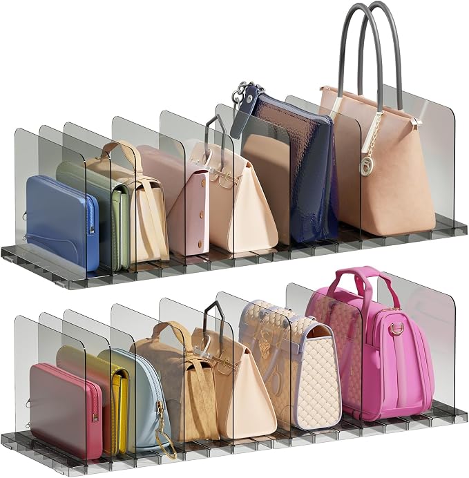PAVSTINE 4 Pack Adjustable Purse Organizer, Stackable Closet Storage, Black | Adjustable Dividers, Clear Acrylic Handbag Storage Shelf, Keeps Bag, Pocketbook & Clutch Upright, Stackable to Save Space