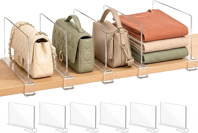 SortNStore Shelf Dividers Purse Organizer for Closet: 6-inch Tall(Shorter Version) Acrylic Handbag Organizer - Small Space Separator for Clutches Evening Bags Pouches Mini-Bags on Wood Shelves 6-Pack
