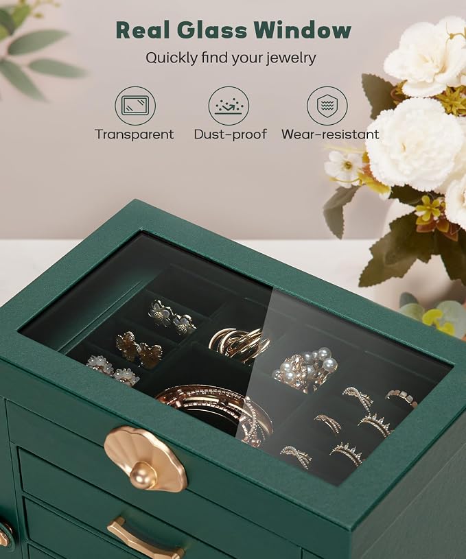 Enthralite Jewelry Box with 3 Drawers: Display Organizer for Earrings Necklaces - Gifts for Girls Women (Forest Green)