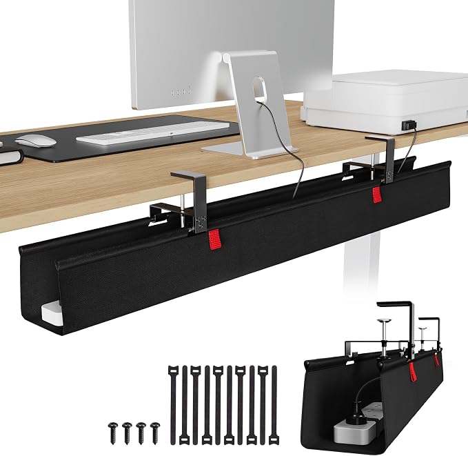 KEEGH Extra Large 48" Under Desk Cable Management Tray - Under Desk Cord Management - Clamp/Screw Mount - Support Upto 70lbs - Fabric Wire Management - Cable Raceways Tray Cord Hiders for Office/Home