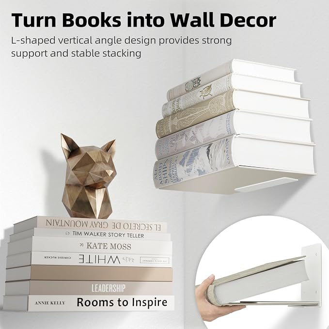 STORAGE MANIAC Floating Book Shelves for Wall Mounted Invisible Floating Bookshelves Heavy-Duty Steel Hidden Bookshelf Hanging Bookshelves for Bedroom Living Room Office, White 4-Pack Large